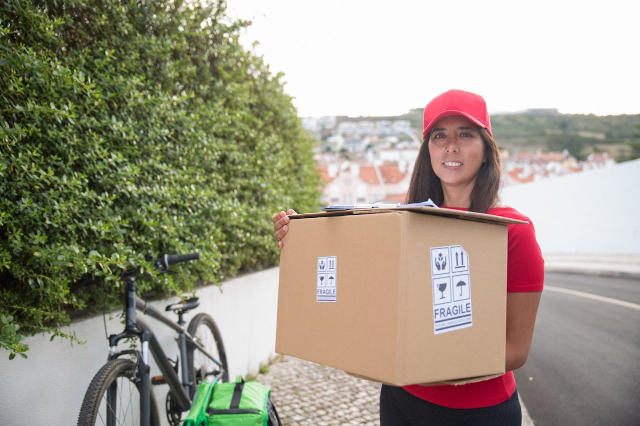 services-01 A delivery woman in Portugal carries a package with a bicycle in the background, showcasing urban parcel delivery.